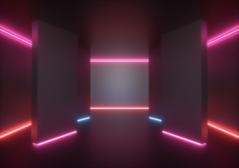 3d render, empty room, tunnel walls, blue pink red neon light, abstract ultraviolet background, glowing lines, fashion stage, vibrant colors, corridor, night club interior
