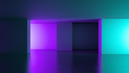 3d render, abstract background, empty room, violet mint walls, ultraviolet light, tunnel with no...