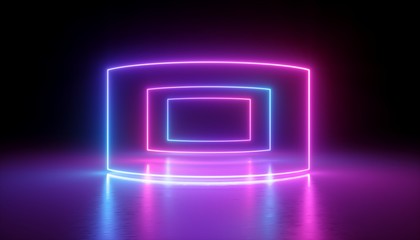 3d rendering, neon lights, abstract ultraviolet background, virtual reality screen, laser show, rectangular blank frame, tunnel, glowing lines, floor reflection, vibrant colors