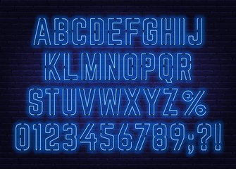 Neon blue font with numbers. Vector illustration.