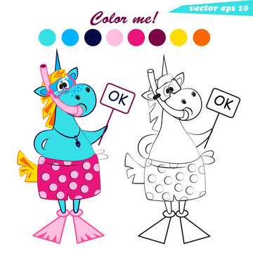 Naklejki funny cartoon coloring book unicorn with mask and fins