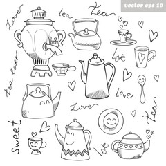 Hand drawn doodle style funny cartoon tea set