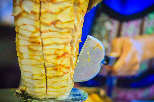 Traditional Turkish food, Doner Kebab in the restaurant. Lamb and Chicken Doner Kebab. Grilled skewered lamb mutton, a traditional meat kebab sandwich.