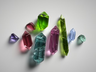 3d render, colorful spiritual crystals isolated on white background, reiki healing minerals, rough...