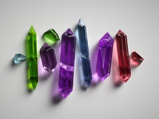 3d render, assorted colorful crystals isolated on white background, rough nuggets, faceted fashion...