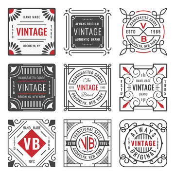 Set of nine stylish line insignias. Decorative geometric frames and borders. Modern vintage logo templates