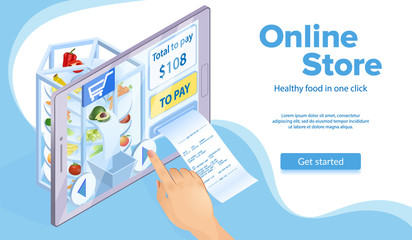 Online Food Shopping Concept. Hand Clicks Buy. Price and Paper Receipt Check. E-Commerce and Marketing. Buy with Mobile App. Internet Store in Tablet. Virtual Online Store. Isometric Vector EPS 10.