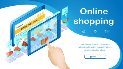 Online Shopping. Web Site Landing Page. Online Food Store Concept. Food Ordering. Hand Taps on Tablet Screen. E-Commerce Technology. Buy with Mobile Application. Sales and Marketing. Vector EPS 10.