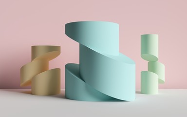 3d render, abstract background, cut cylinders, primitive geometric shapes, pastel color palette,...