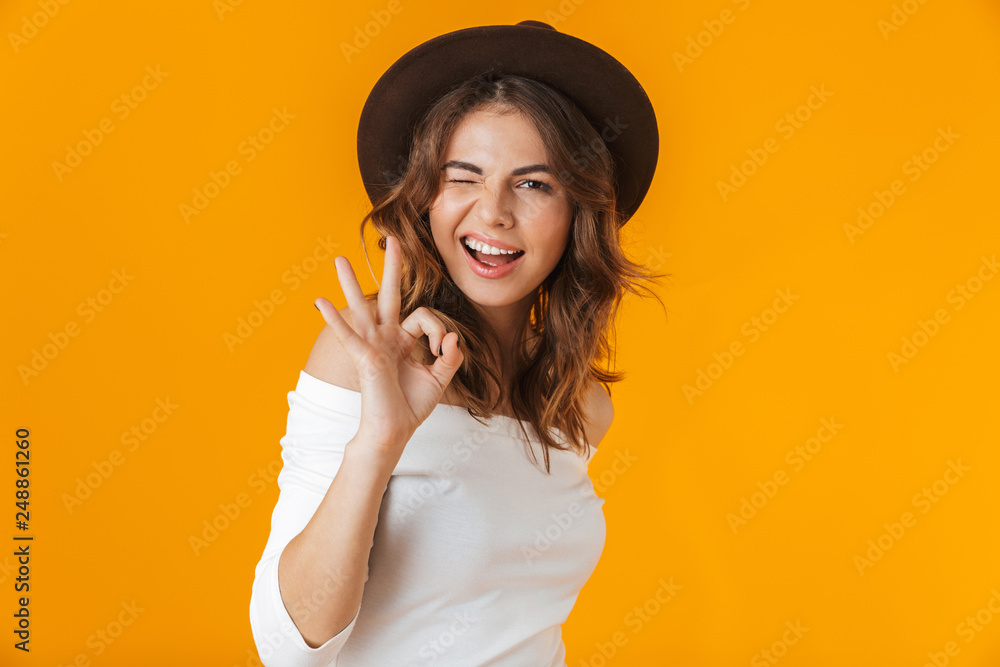 Sticker portrait of a cheerful young woman wearing white shirt