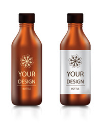 Set of brown bottles liquid for food or drink on a white background.