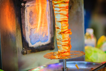 Bangkok, Thailand - March 2, 2017:  Street vendor is selling grilled kebab, the popular street...