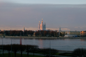 Early morning view of the Smolny Cathedral from the right bank of the Neva. Late fall. St. Petersburg. Russia