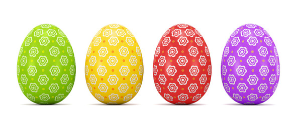 Multi-colored Easter eggs on a white background. 3d rendering. Illustration for advertising.