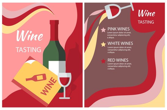 Wine menu flat vector template. Wine degustation. Alcohol drinks list card cartoon concept. Pages, cover design idea with alcoholic beverages names. Restaurant, cafe, wineshop banner layout