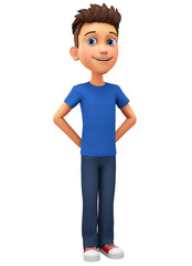 Character cartoon guy smiling on a white background. 3d rendering. Illustration for advertising.