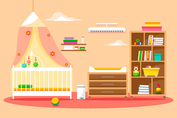 Children's room with a canopy and accessories for girls. Vector illustration of a flat style.