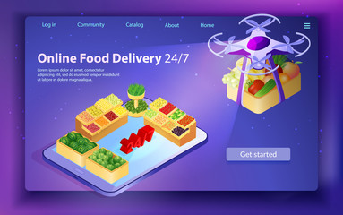 Internet Food Store. Delivery by Drone at Night. Supermarket Online in Tablet. Web Site Landing Page. Ordering Online Food Delivery. 24 7 Delivery Service. Buy with Mobile App. Vector EPS 10. 