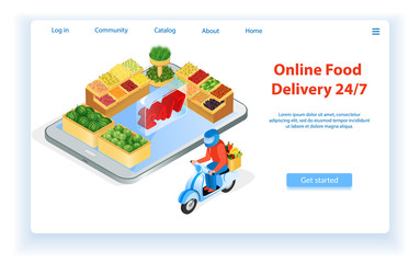 Courier Delivers Food by Motorcycle. Internet Food Store Landing Page. Ordering Online Food Delivery. 24 for 7 Fast Delivery Service. Supermarket Online. Buy with Mobile App. E-Commerce. Vector EPS 10