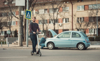 conventional vehicle vs electric vehicle millennial culture riding electric scooter for outdoor personal transportation ecologic alternative e-scooter, electric kickscooter urban transport technology