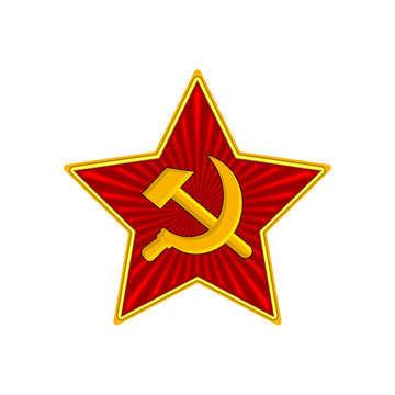 Badge of Soviet Union Red Star with hammer and sickle. Symbol of the USSR army. Vector Illustration. Isolated on white background.