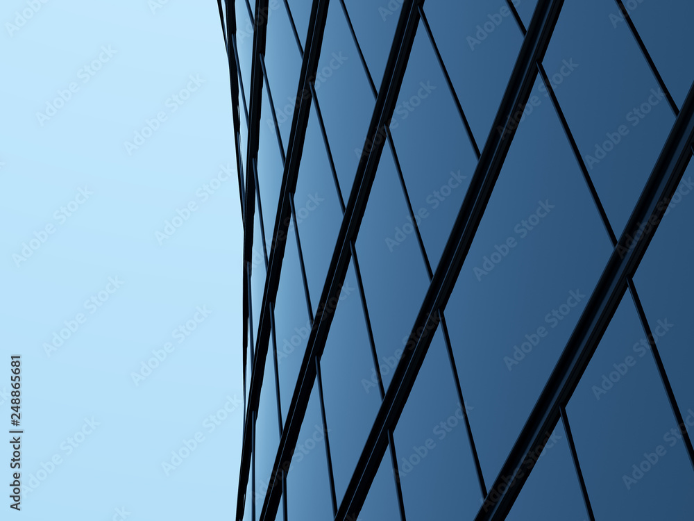 Poster 3d stimulate of high rise curve glass building and dark steel window system on blue clear sky backgr