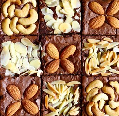 Top view, Homemade chocolate brownies with almond and cashew nut roast, Homemade bakery and dessert 