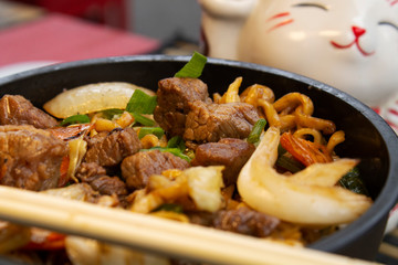 Traditional beef yakisoba. Japanese and Chinese Pasta