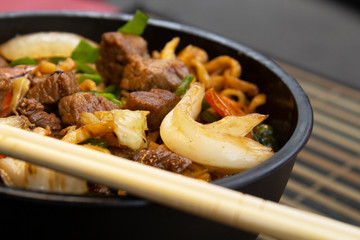 Traditional beef yakisoba. Japanese and Chinese Pasta