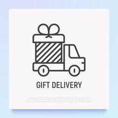 Gift delivery: truck with big present. Thin line icon. Logo for transportation service. Modern vector illustration.