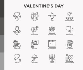 Valentine's day thin line icons set: couple in love, romantic evening, cupid bow, balloons, envelope, gift card, candles, love message, gift delivery. Modern vector illustration.