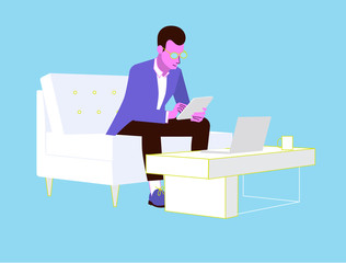 illustration of a man sitting on the sofa holding tablet in his hand browsing the internet