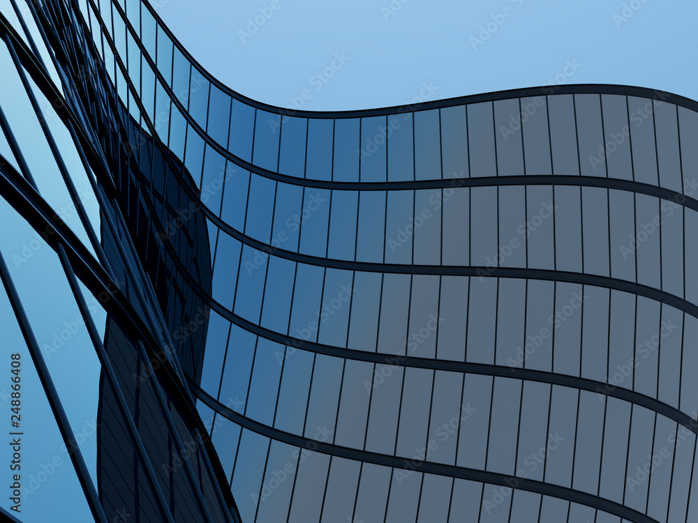 Aufkleber 3d stimulate of high rise curve glass building and dark steel window system on blue clear sky backgr