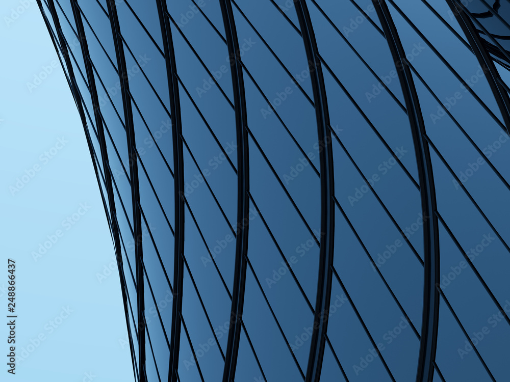 Poster 3d stimulate of high rise curve glass building and dark steel window system on blue clear sky backgr