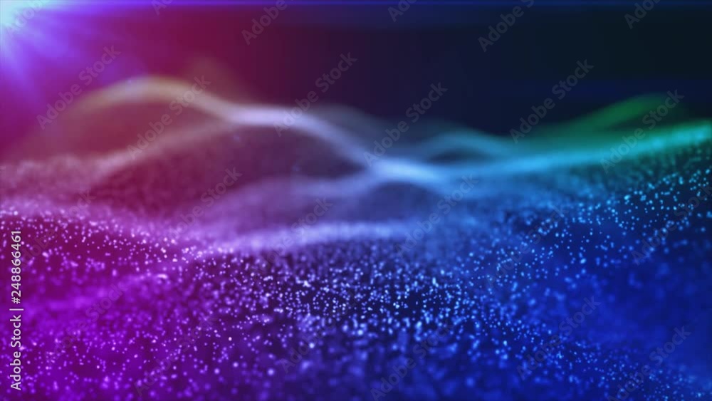Poster looped background of luminous particles, the theme of the microworld or space, science fiction or a 