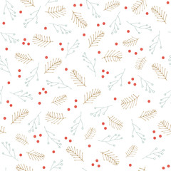 Seamless holiday pattern with hand drawn winter botanicals and Christmas color theme. Great for wrapping paper, invitations, greeting cards or textiles.