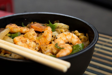 Traditional shrimp yakisoba. Japanese and Chinese Pasta