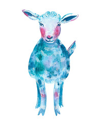 Blue dreamy cute little goat, blue, purple and pink colors, hand drawn watercolor illustration