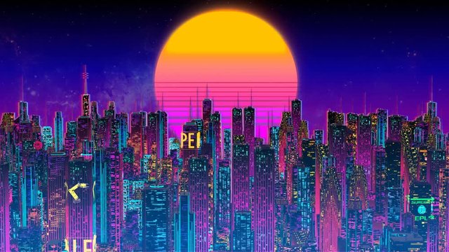 Pink synthwave city against large moon, futuristic skyscrapers, neon lights. Loopable synthwave 3D city, beautiful pink and purple background