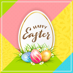 Card with Painted Easter Eggs in Grass on Colorful Background