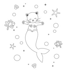 cute cartoon black and white mermaid cat under the sea vector funny illustration for coloring art