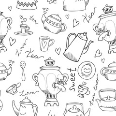 Hand drawn cartoon style tea set seamless pattern