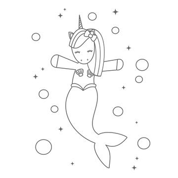 cute cartoon black and white unicorn mermaid in the sea vector illustration for coloring art