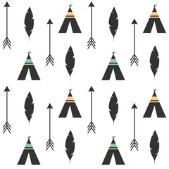 cute feathers, arrows and teepee ethnic tribal seamless vector pattern background illustration © Alice Vacca