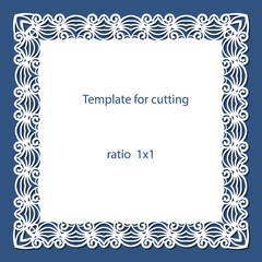 Greeting card with openwork border, paper doily under the cake, template for cutting, wedding invitation, decorative plate is laser cut, vector illustrations.