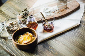 still life kitchen table, wooden board, vase