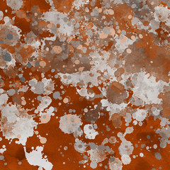 Fototapeta premium Orange paint splatter effect texture on gray paper background. Artistic backdrop. Different paint drops. Rusted metal.