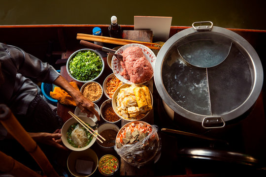 Thai Noodle Food Making On Floating Boat In Floating Market Thailand