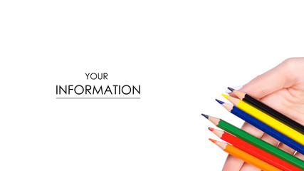 Color pencils in hand pattern on white background isolation
