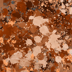 Orange paint splatter effect texture on gray paper background. Artistic backdrop. Different paint drops. Rusted metal.
